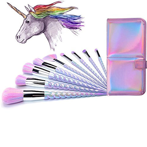 Ammiy Unicorn Makeup Brushes With Colorful Bristles Unicorn Horn Shaped Handles Fantasy Makeup Tools Foundation Eyeshadow Unicorn Brush Kit With a Cute Iridescent Carrying Case(10 Pieces)