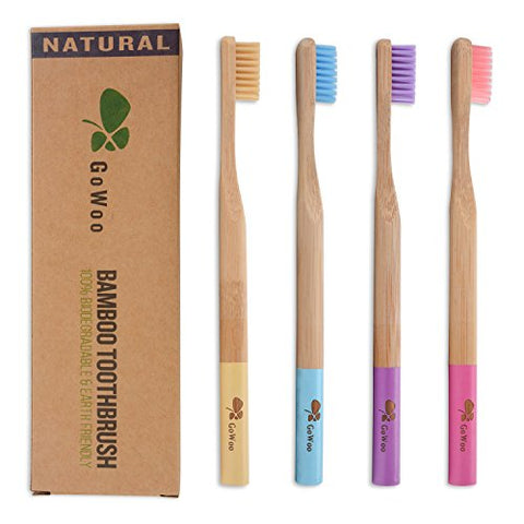 GoWoo 100% Natural Bamboo Toothbrush Soft – Organic Eco Friendly Toothbrushes With Soft Nylon Bristles, BPA-Free, Biodegradable, Dental Care Set for Men and Women, Pack Of 4, Rainbow Color